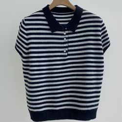 韓國女裝連線 - 翻領小釦羊毛混織短袖上衣-條紋-海軍藍 (FREE)