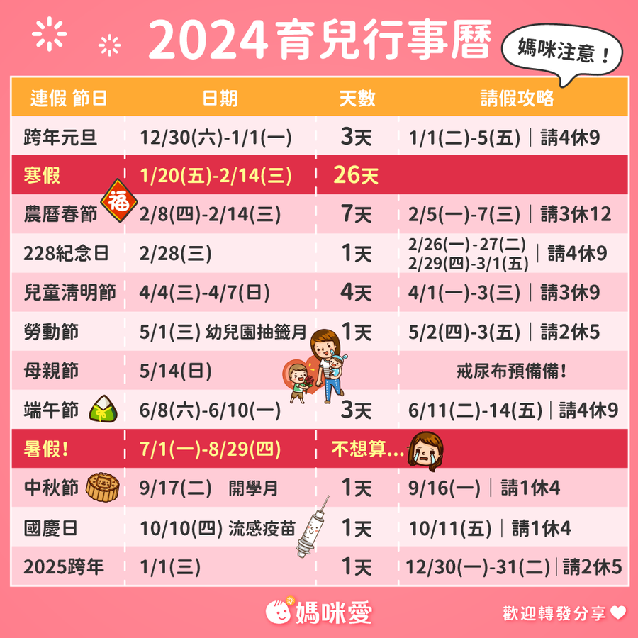 2024年育兒行事曆，過年、寒假、暑假｜113年請假攻略