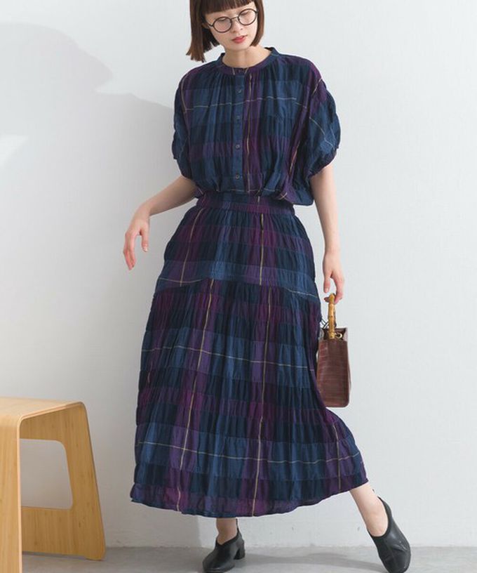 日本 Lupilien - 印度棉 皺皺文青格紋側抽繩長裙-橘