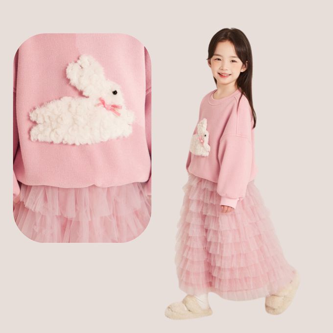 甜美毛毛小兔衛衣配軟網紗蛋糕長裙 女童保暖澎澎長裙套裝