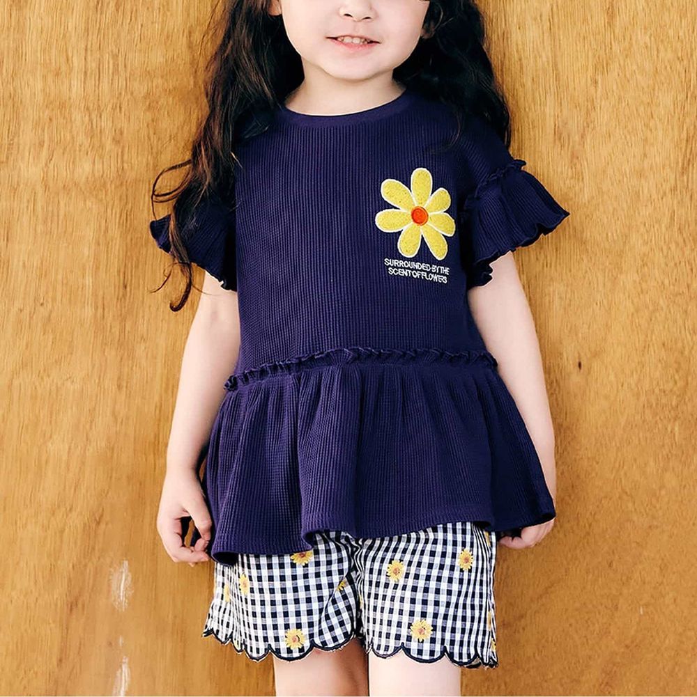 胸前花朵可愛摺邊短袖上衣-海軍藍