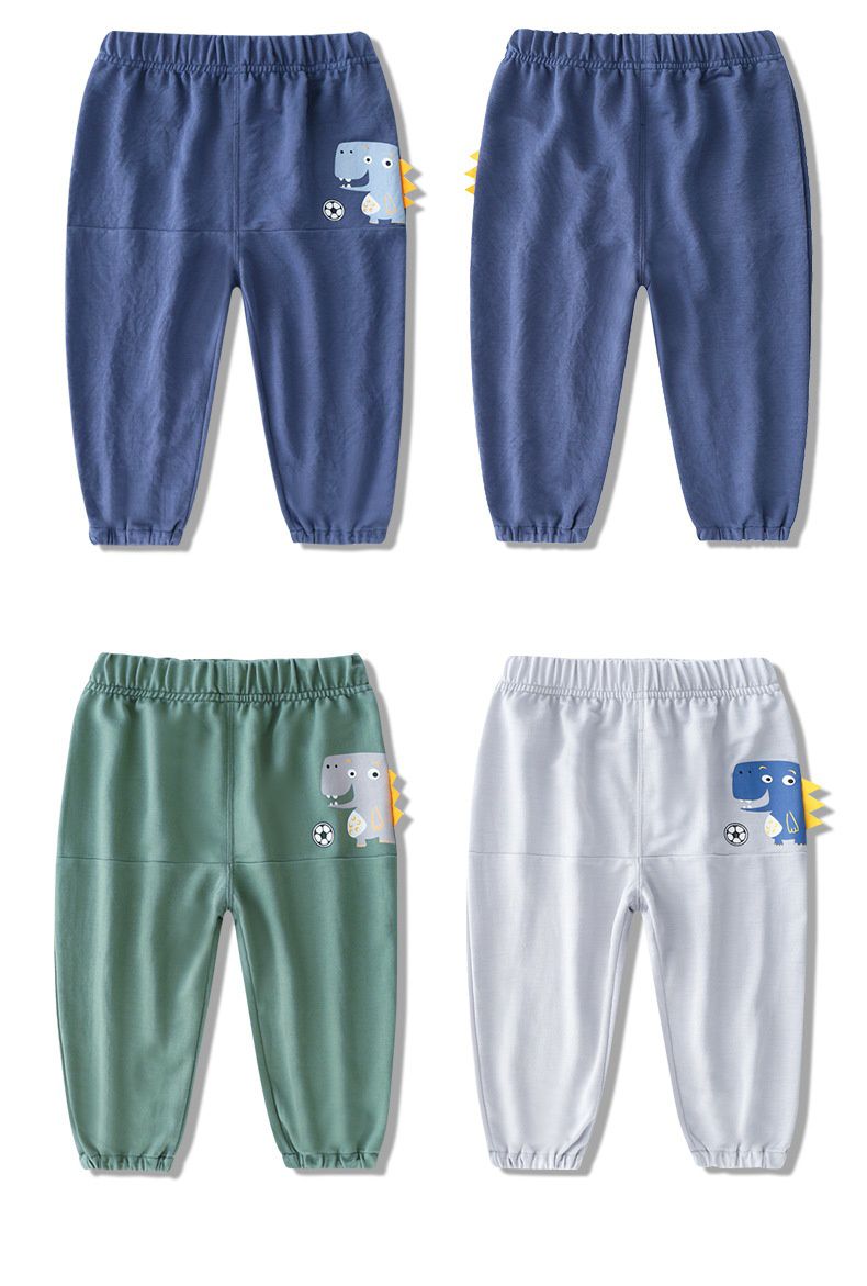 立體圖樣束口長褲/防蚊褲-恐龍踢足球-深藍色