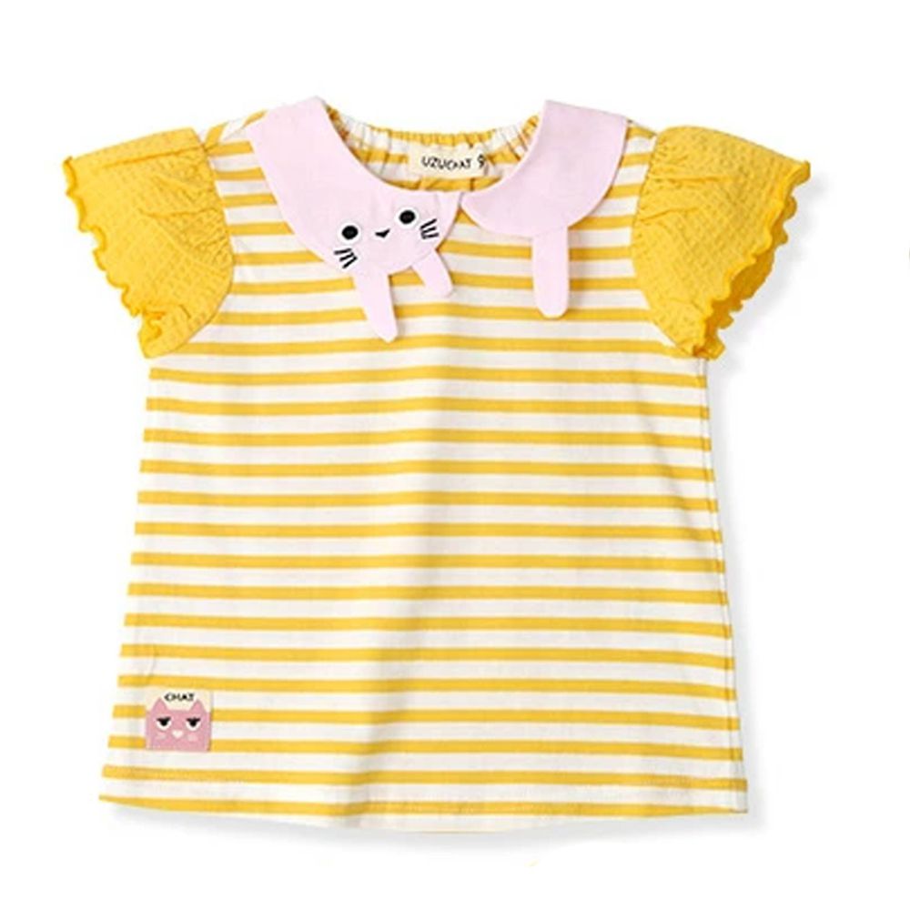 日本 ZOOLAND - 純棉印花短T-小貓領巾條紋-黃