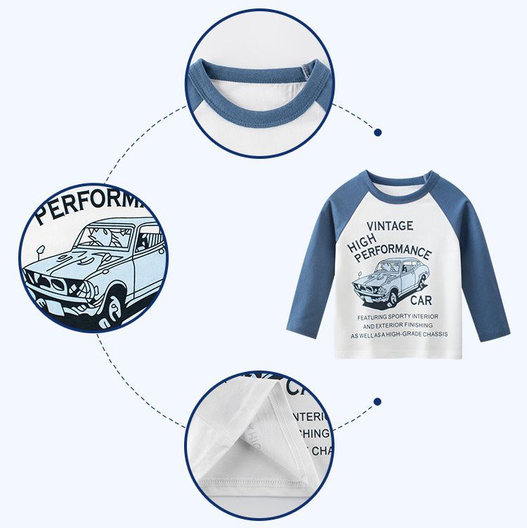 純棉圓領薄長袖上衣-美式車車-軍綠+白