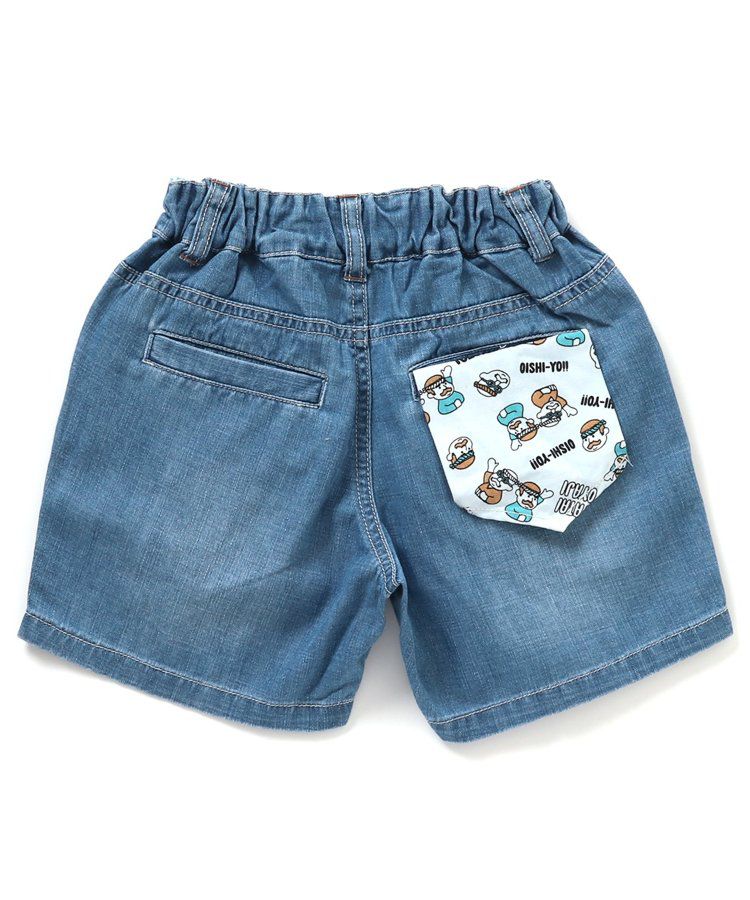 日本 BREEZE - 夏日祭典逗趣刺繡手巾牛仔短褲-幽默師匠-淺藍