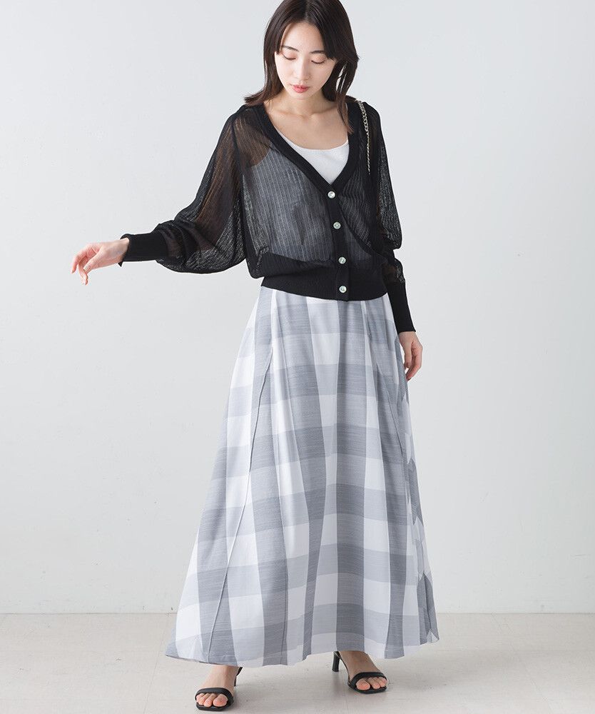 日本女裝代購 - 文藝大格紋修身長裙-淺灰藍