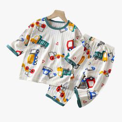 WarmNest - 純棉網眼透氣七分袖家居服套裝-運輸車車-綠+米白