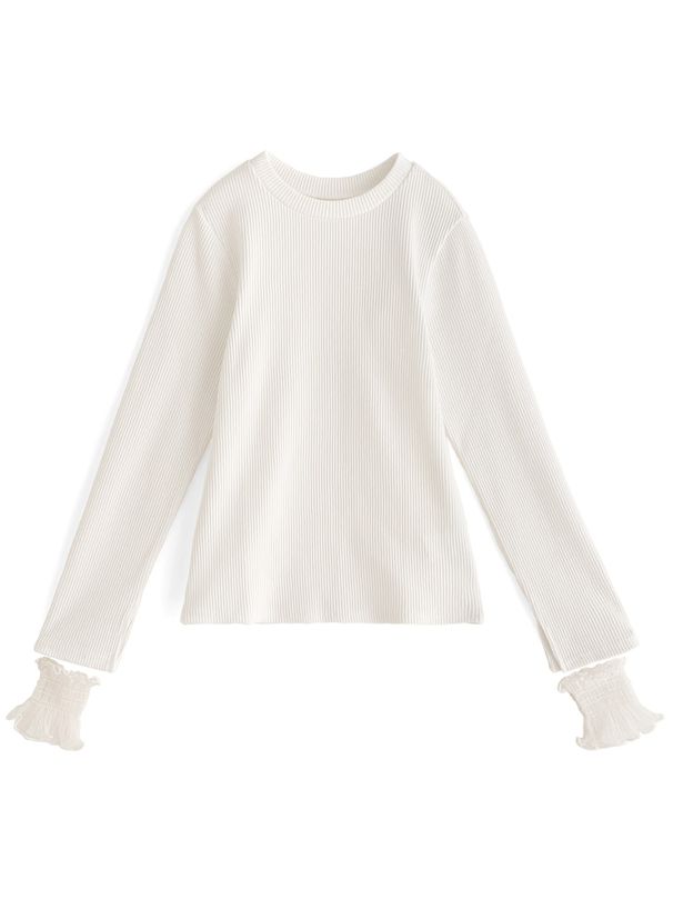 日本 GRL - 假兩件蕾絲內裡羅紋長袖上衣-天使白