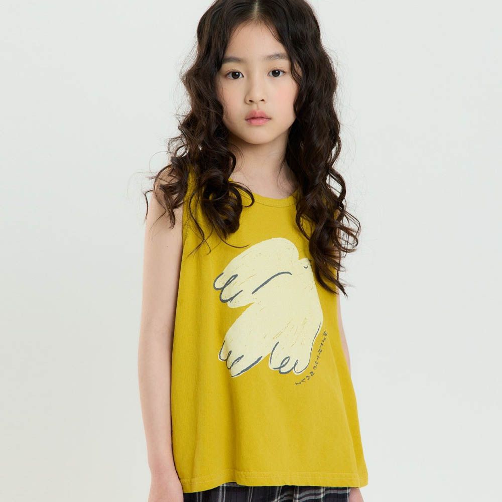 韓製100%純棉 大手繪鴿印背心上衣-芥末黃