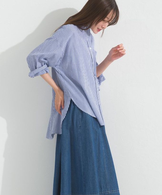 日本 OMNES - 純棉 俐落條紋寬鬆感立領襯衫-黑