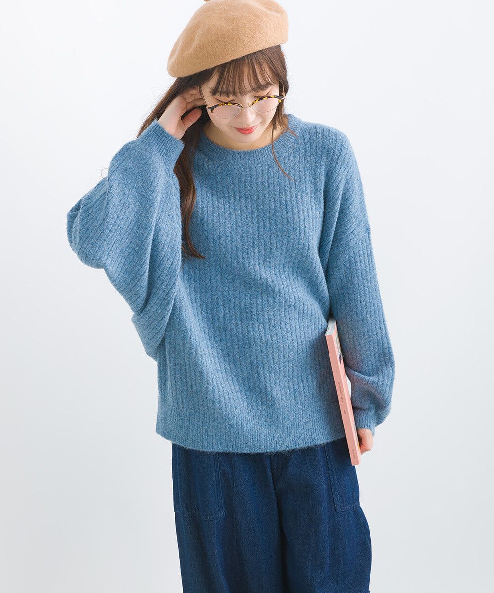 日本女裝代購 - 大寬袖圓領混色針織上衣-米黃