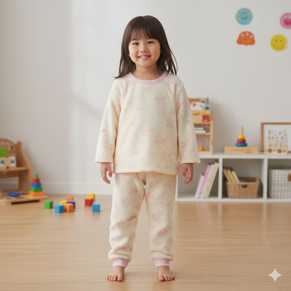 長袖刷毛家居服-蝴蝶結-象牙白色