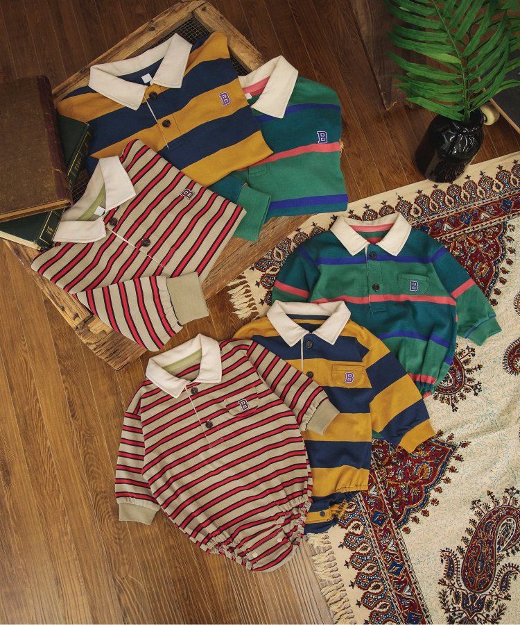 日本 BREEZE - 橄欖球風橫條長袖polo衫-紅卡其