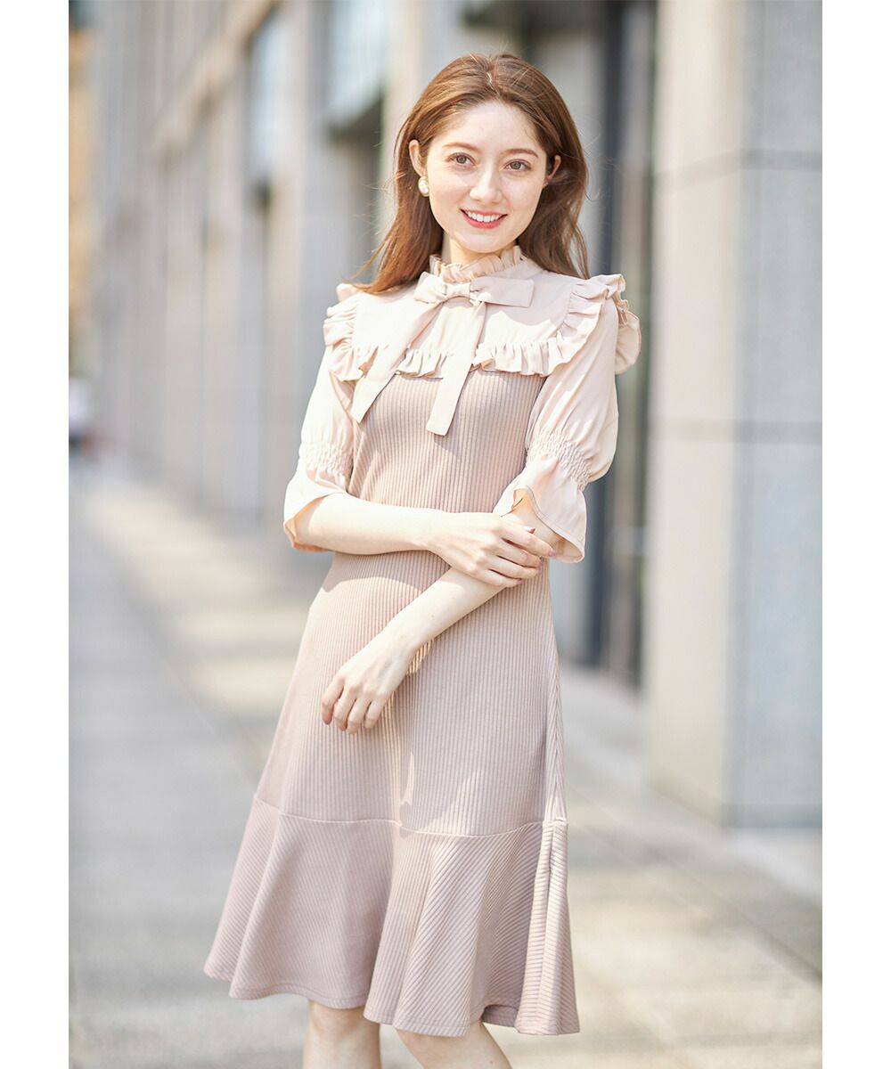 日本 tocco-closet - 夢幻荷葉邊扭結小洋裝-星塵粉