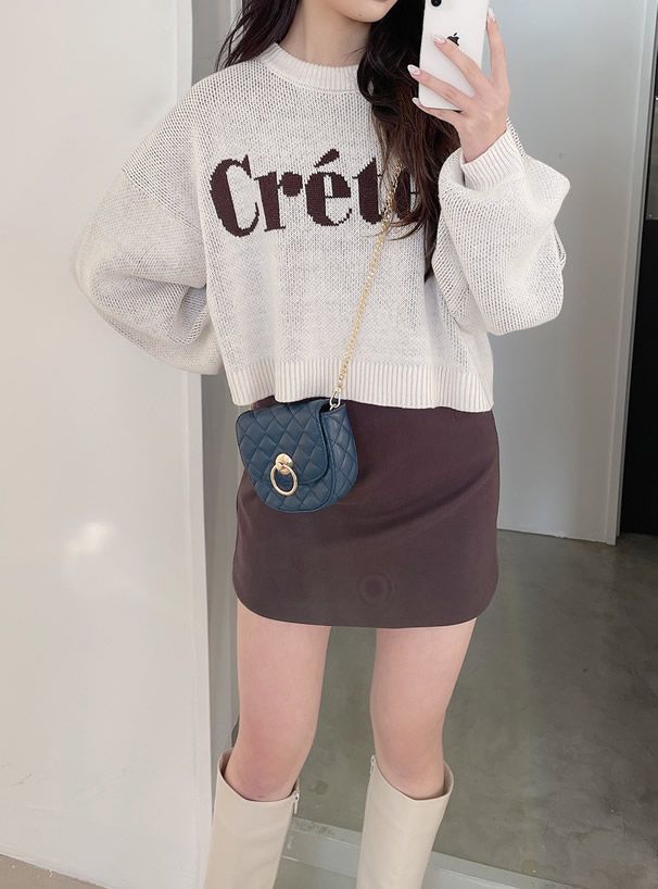 日本 GRL - 英文撞色提花短版針織毛衣-米