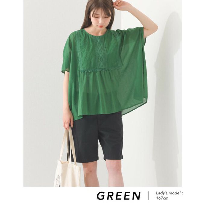 日本 OMNES - 印度棉 細節感輕透皺褶大寬袖上衣-卡其