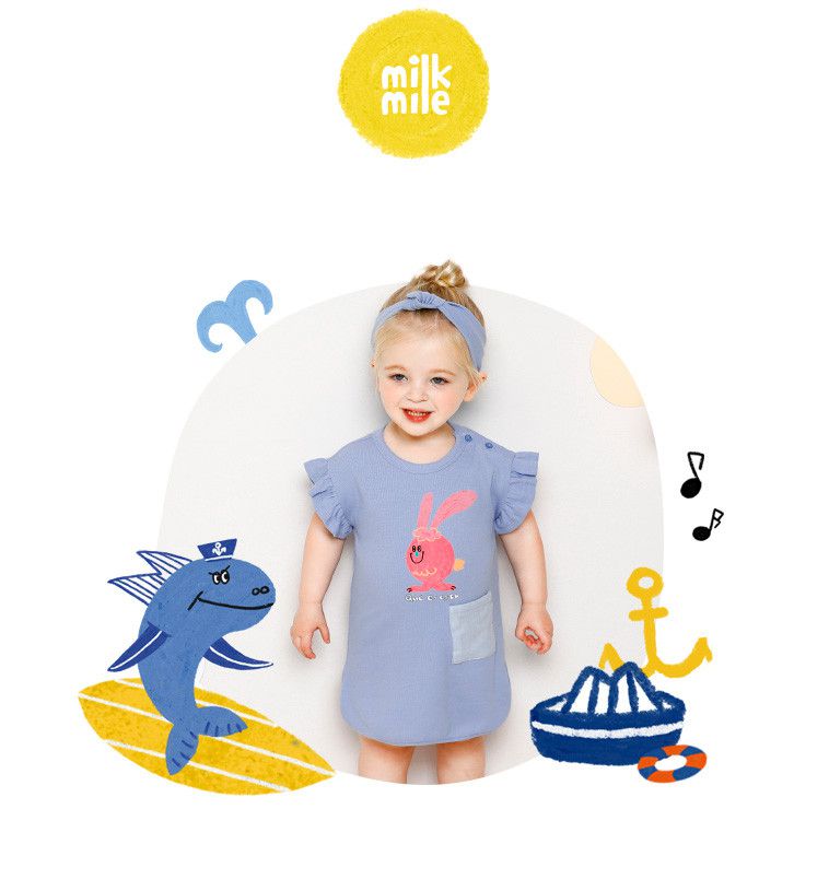 韓國 milk mile - (附髮帶)兔子印花口袋洋裝-米