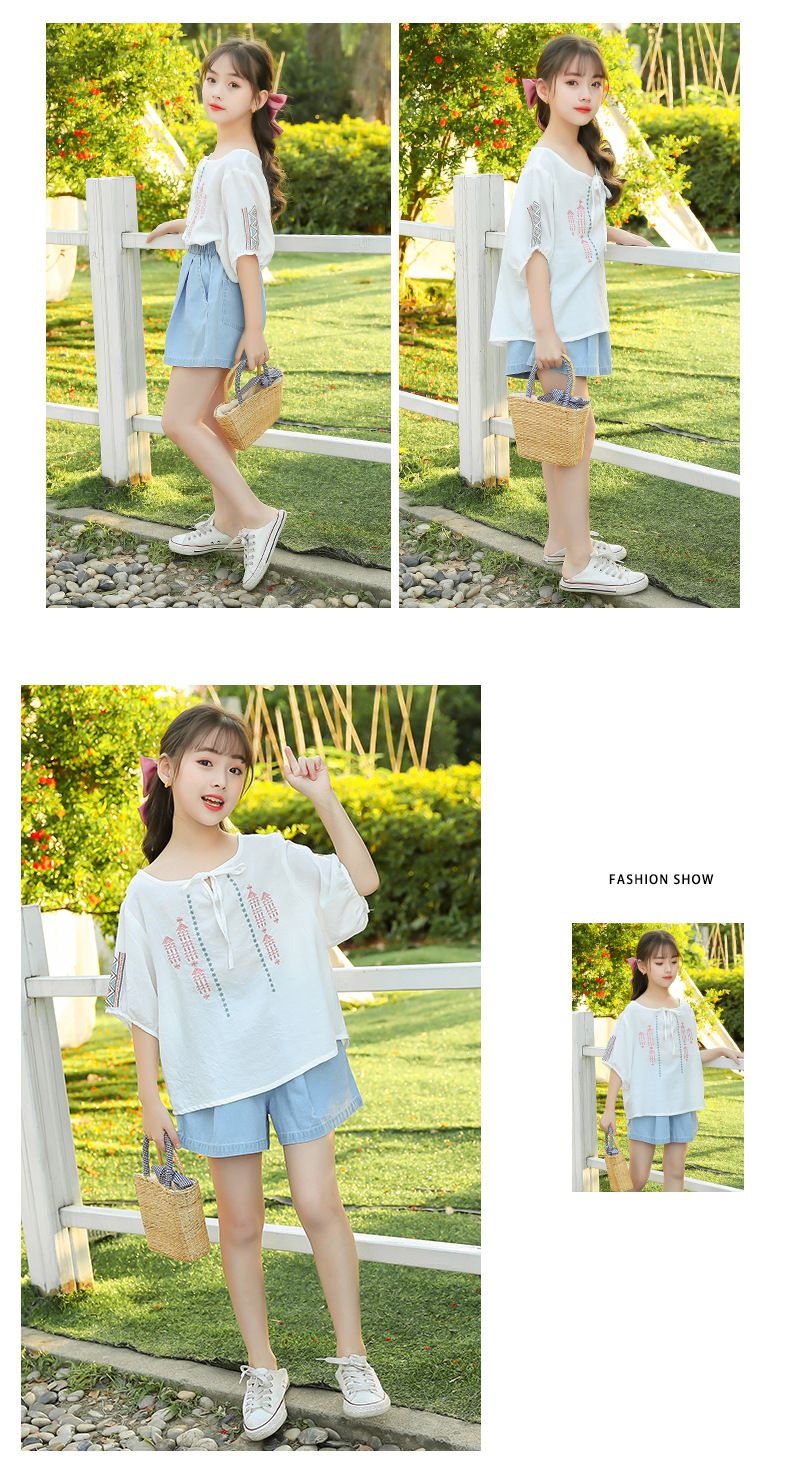 民族風五分袖套裝-民族風刺繡上衣+牛仔短褲-白色