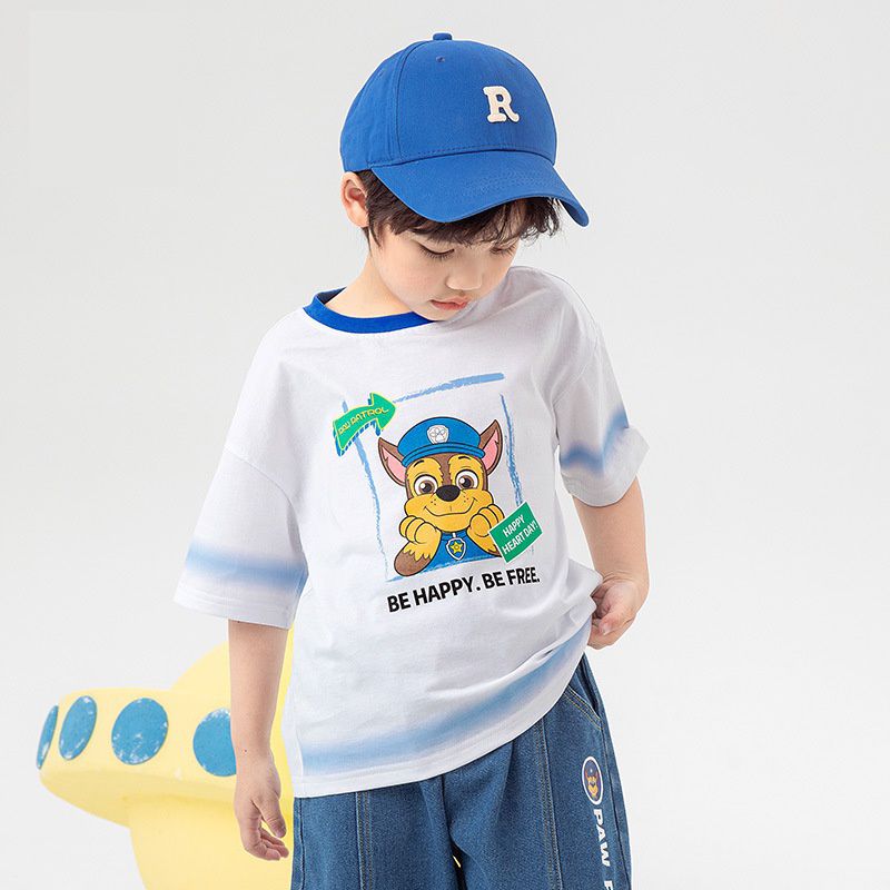 汪汪隊漫畫風圓領短袖上衣-卡通人物阿奇+毛毛-白+藍