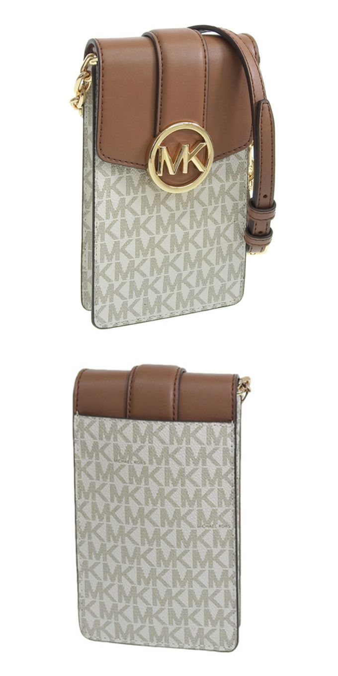 MICHAEL KORS - 滿版LOGO皮革手機斜背包-白駝