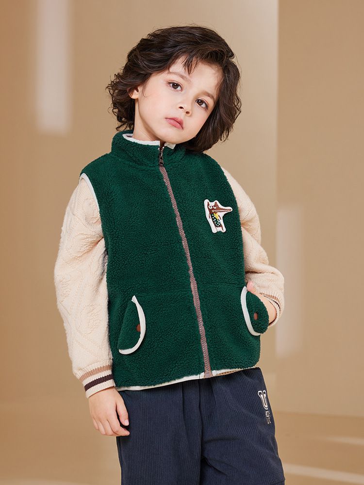 搖粒絨保暖兒童背心-可愛狐狸-深綠色
