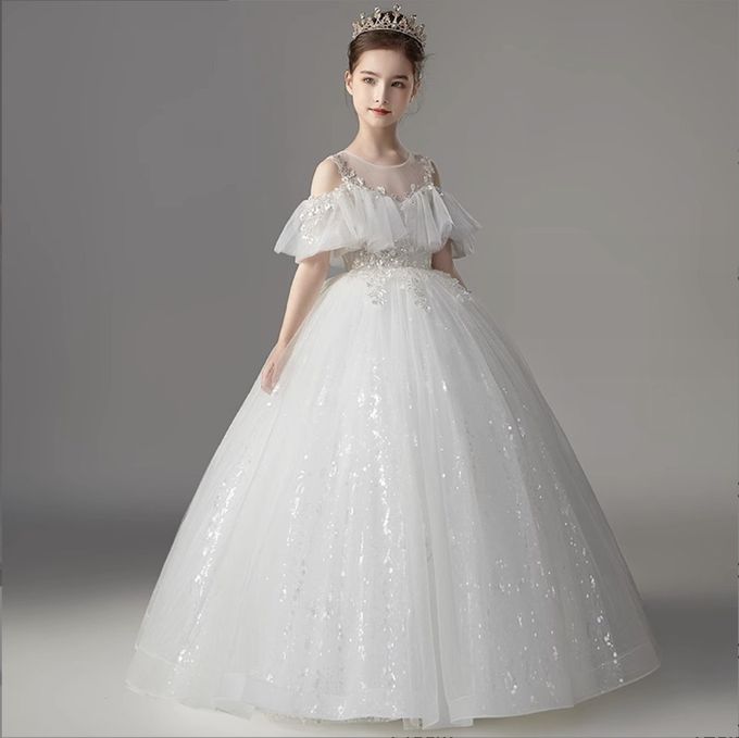 love, charlotte - 雪白立體繡花亮片氣質演奏會花童落肩禮服-白色