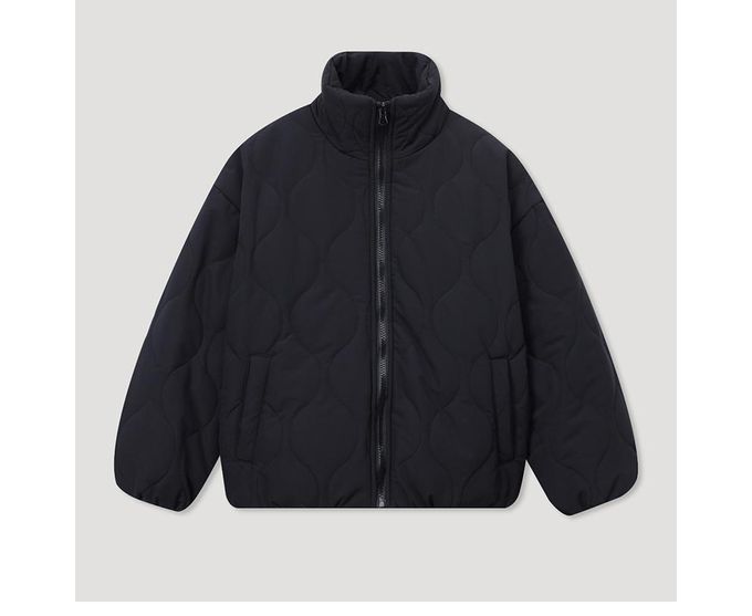 韓國 INDIVIDUEL - 圓形壓紋內磨毛立領拉鍊外套-黑