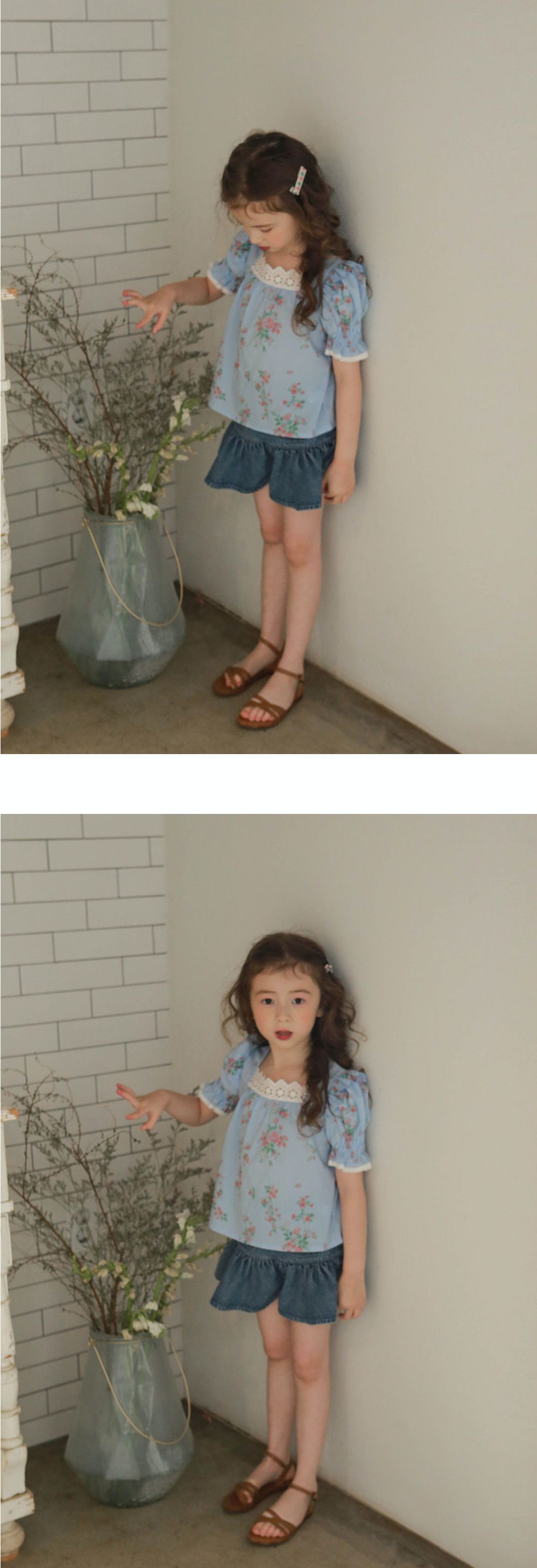 韓國 PuellaFLO - ㄩ字領公主袖花花上衣-天藍