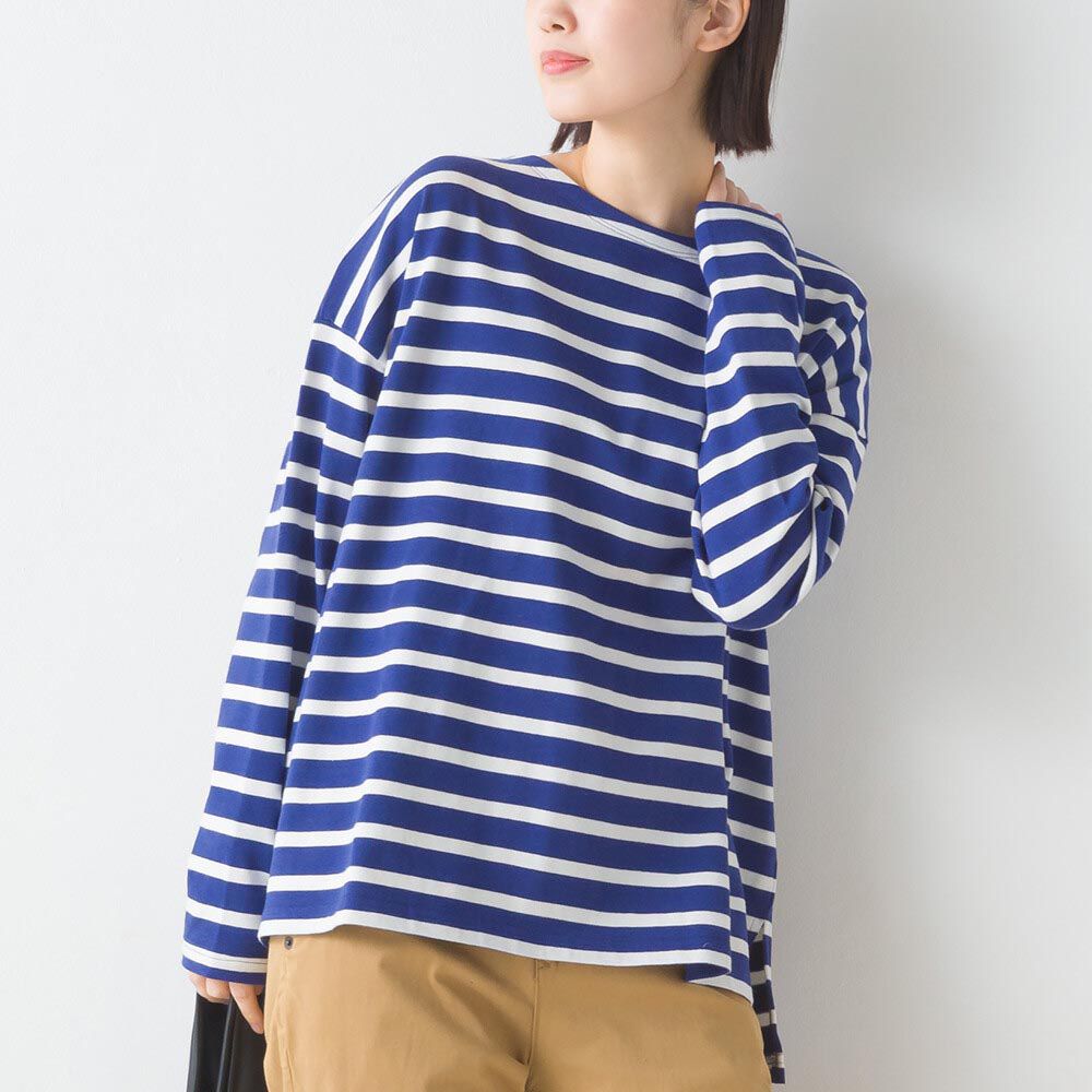 日本 OMNES - [定番]純棉厚磅條紋長袖上衣-寶藍色x白