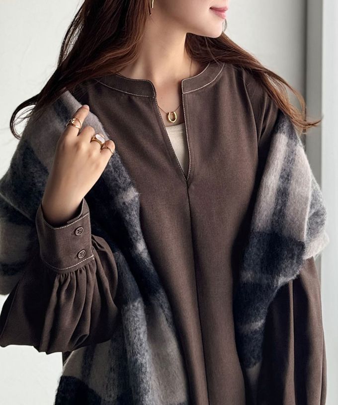 日本 Classical Elf - 鑰匙領氣質澎澎腰綁帶長袖洋裝-咖啡