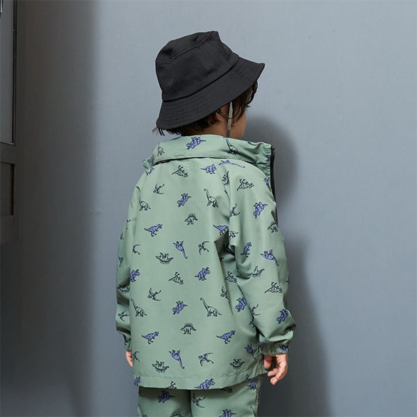 日本 b-ROOM - 潑水加工 連帽2WAY防風外套(附收納袋)-恐龍-軍綠