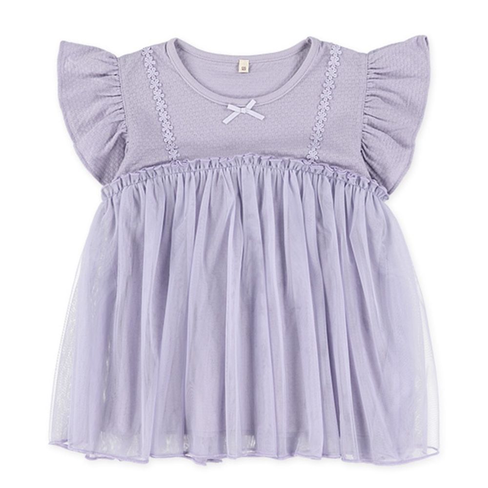 假二件緹花皺摺薄紗短袖上衣-薰衣草