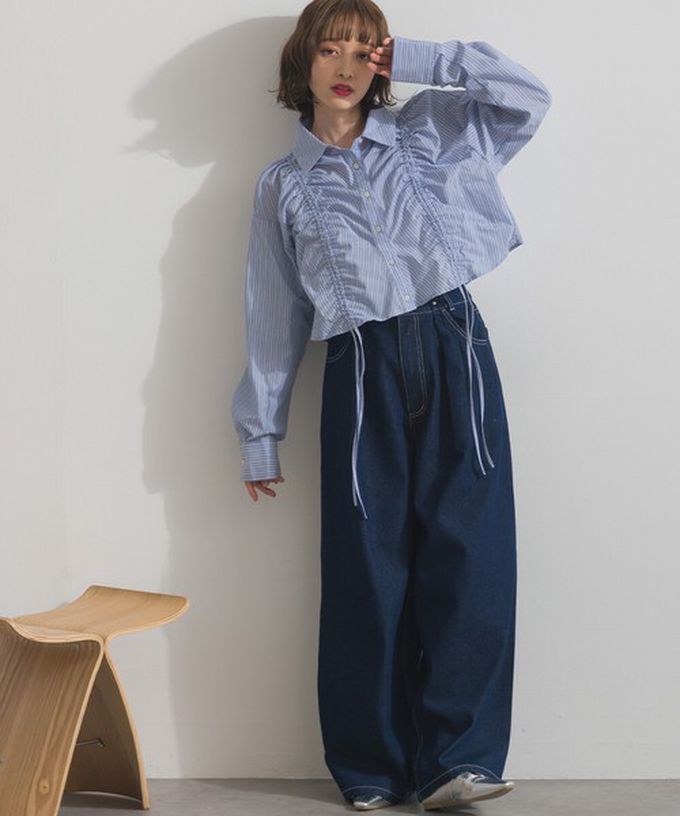 日本 ELENCARE DUE - 10oz 立體摺線後腰鬆緊牛仔褲-刷色黑