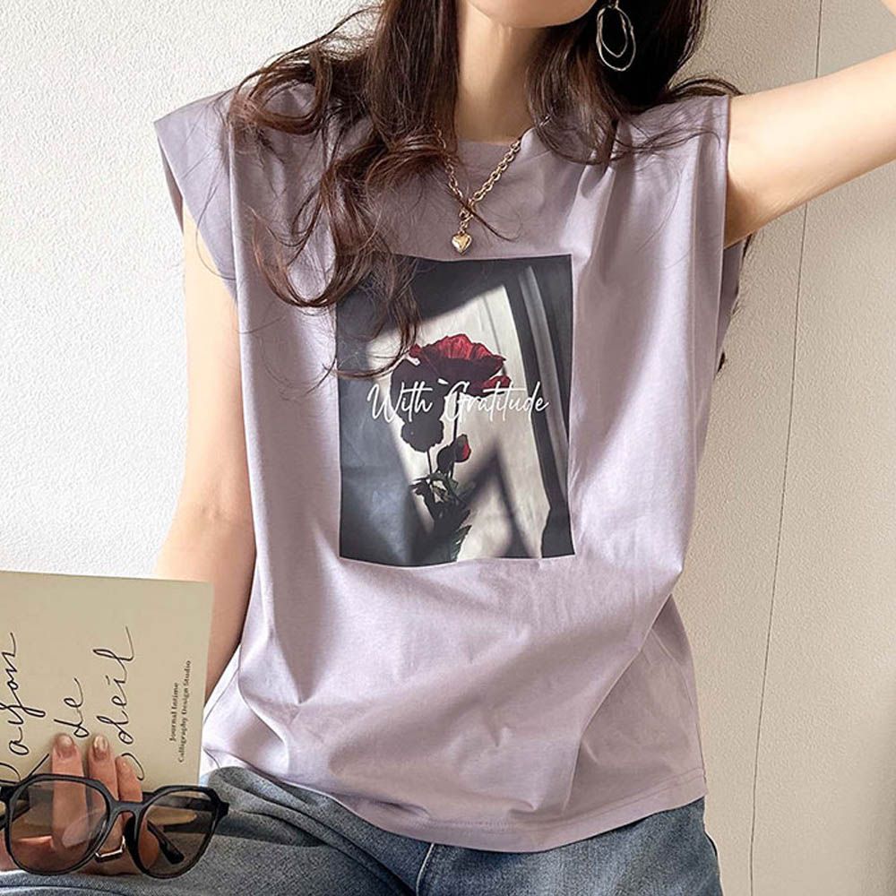 華麗花朵俐落感法式袖上衣-淺灰紫