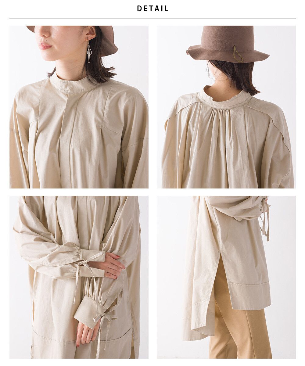 日本 OMNES - 文藝氣質糖果袖立領長袖襯衫-淺米杏