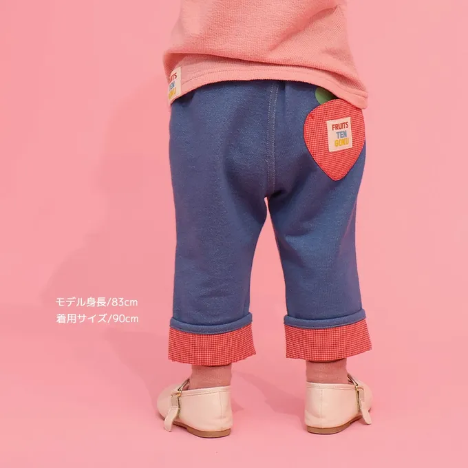 日本 ZOOLAND - 水果樂園 滿版印花摺邊七分褲-草莓-中藍
