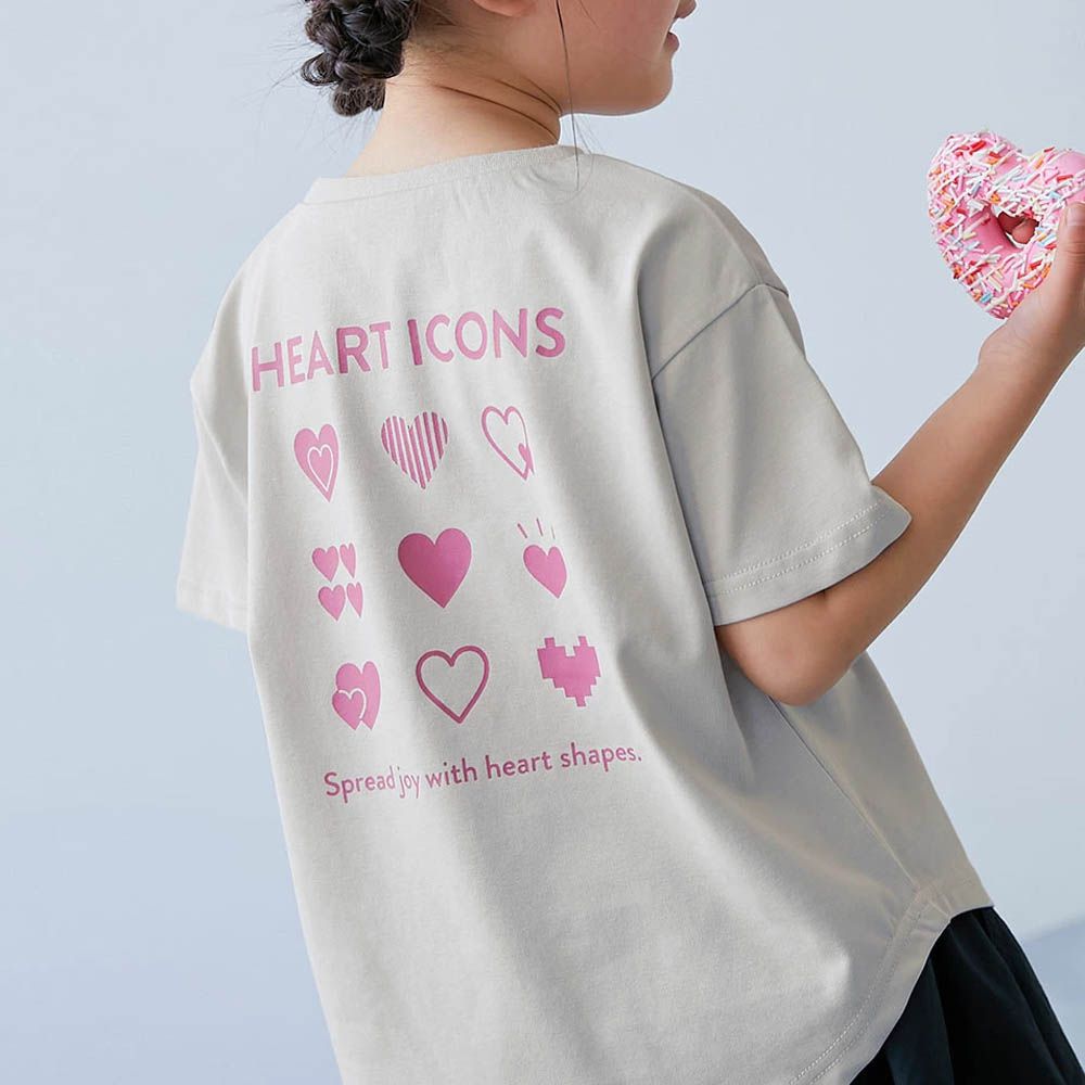 接觸涼感 女孩印花短袖上衣-背後愛心-淺灰