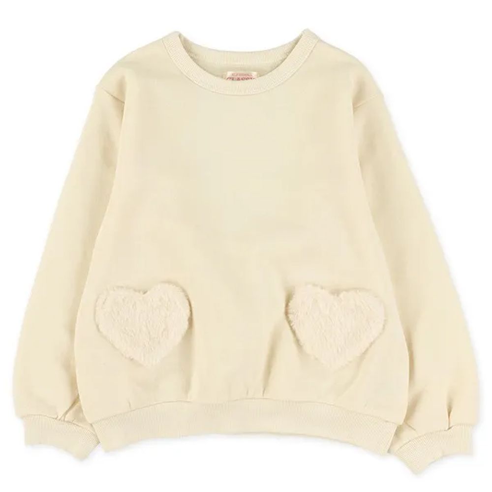 毛絨愛心口袋裏起毛長袖上衣-象牙