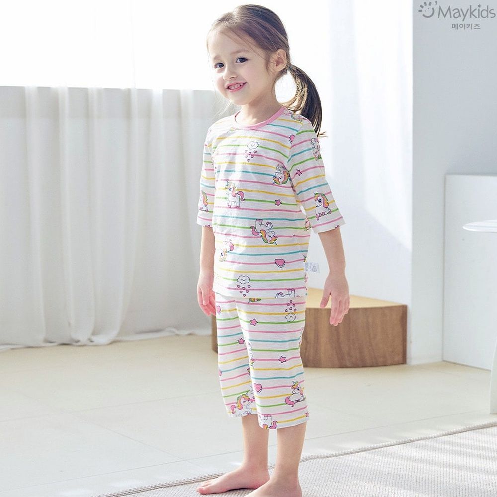 輕薄細柔棉七分袖家居服-色線條紋獨角獸-粉紅