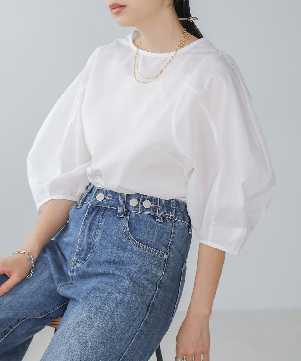 日本 Bab - 圓領百搭氣球袖上衣-淺綠