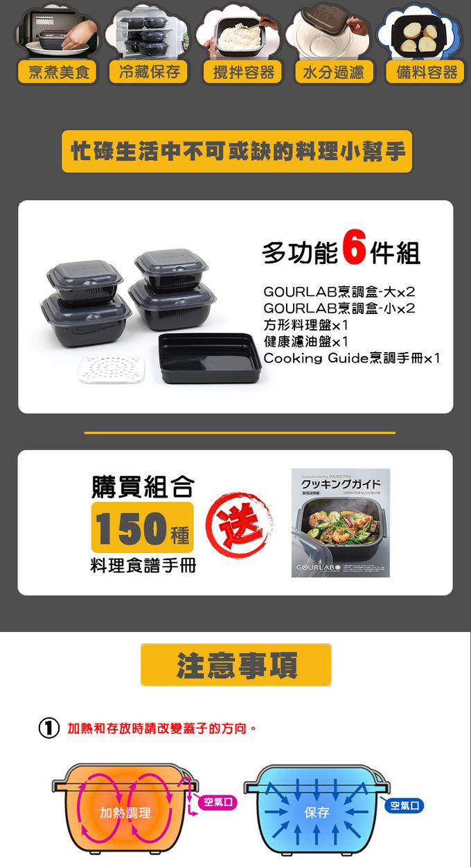 日本 GOURLAB - GOURLAB Plus 多功能烹調盒系列-多功能六件組(附食譜)-黑色
