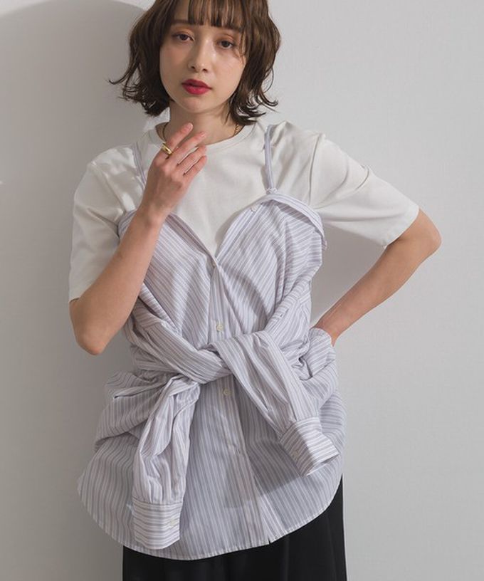 日本 ELENCARE DUE - 2way穿法俐落條紋寬版襯衫-粉紅