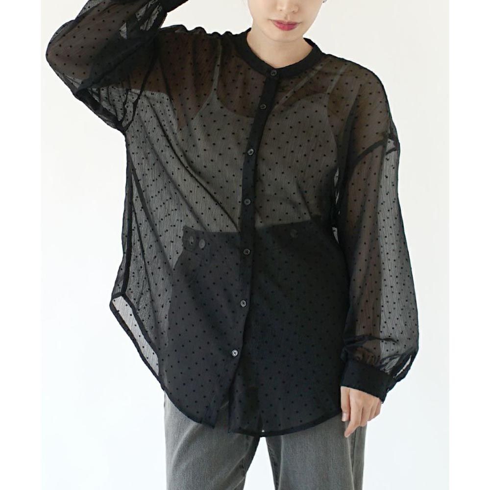 日本 zootie - 復古點點透視感長袖襯衫-黑