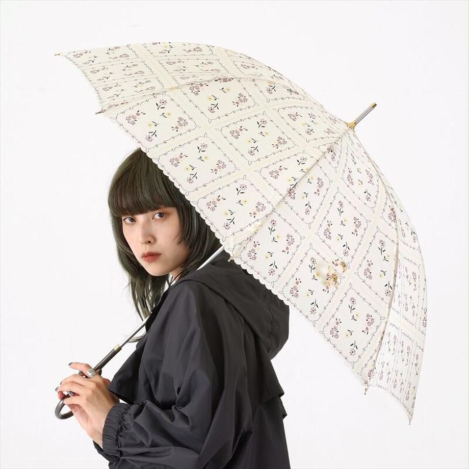日本 nifty colors - 抗UV輕量 晴雨兩用J型手把直傘-歐風花草-天使白 (直徑90cm/248g)
