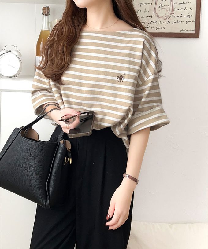 日本 Classical Elf - 混有機棉休閒條紋五分袖上衣-卡其x白