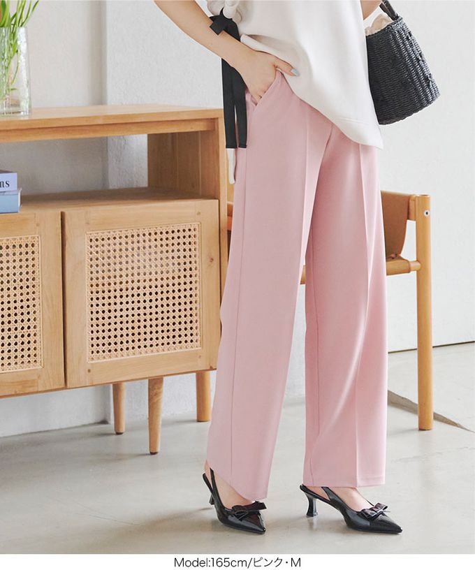 日本 Kobe Lettuce - 美腳中線！不易皺喬其紗寬版長褲-粉紅
