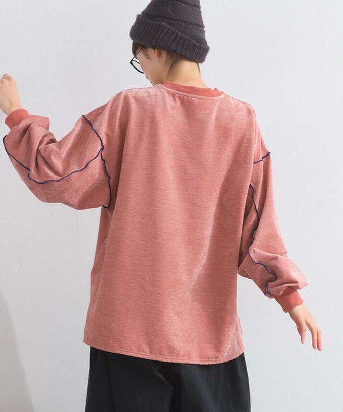 日本 Lupilien - 木耳縫線休閒絨面長袖上衣-炭黑