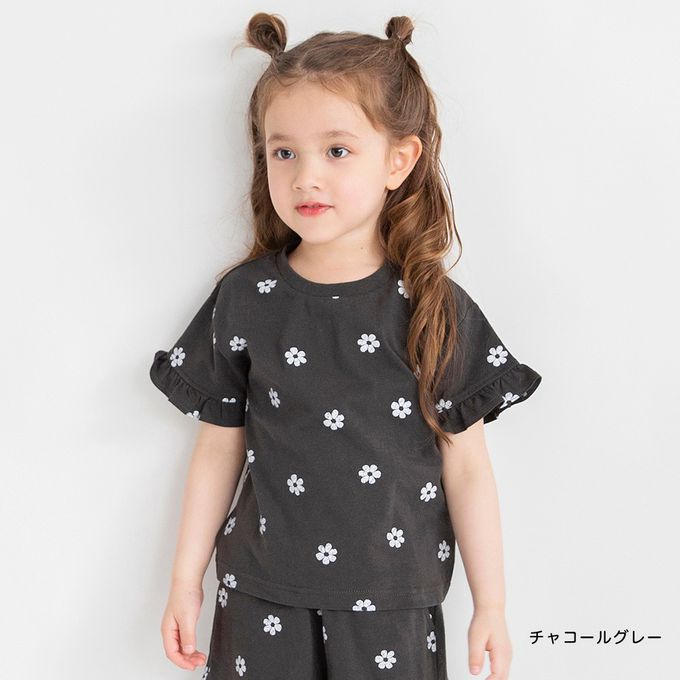 日本 BRANSHES - 純棉荷葉袖女孩印花短袖上衣-貓咪-粉紅