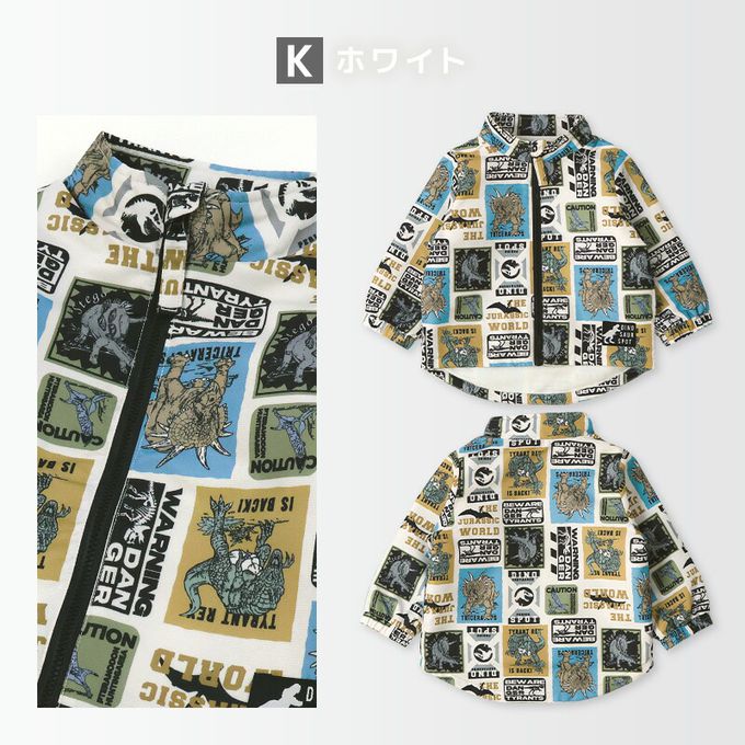 日本 ZOOLAND - 撥水加工 防風刷毛鋪棉外套-恐龍圖鑑-深灰x卡其