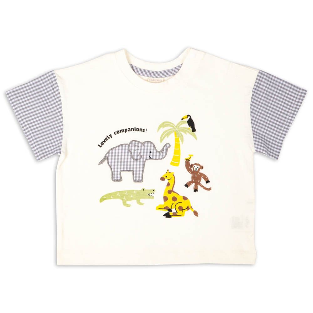 短袖T恤 格紋袖-幼兒-米白色